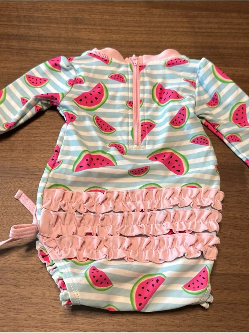 Ruffle Butts Pink & Aqua Watermelon Long-Sleeve Swim One-Piece